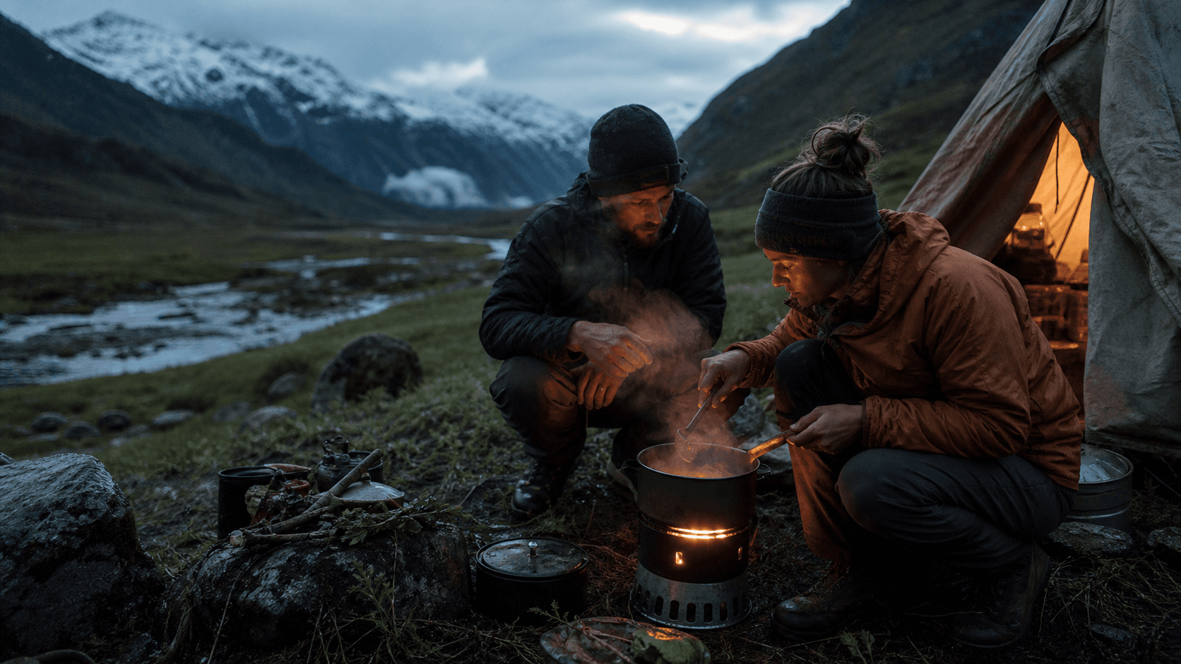 Two travelers preparing a warm meal beside their tent in a remote Highland valley