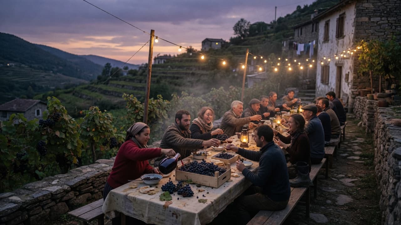 Travelers sharing a harvest supper at a long outdoor table in wine country